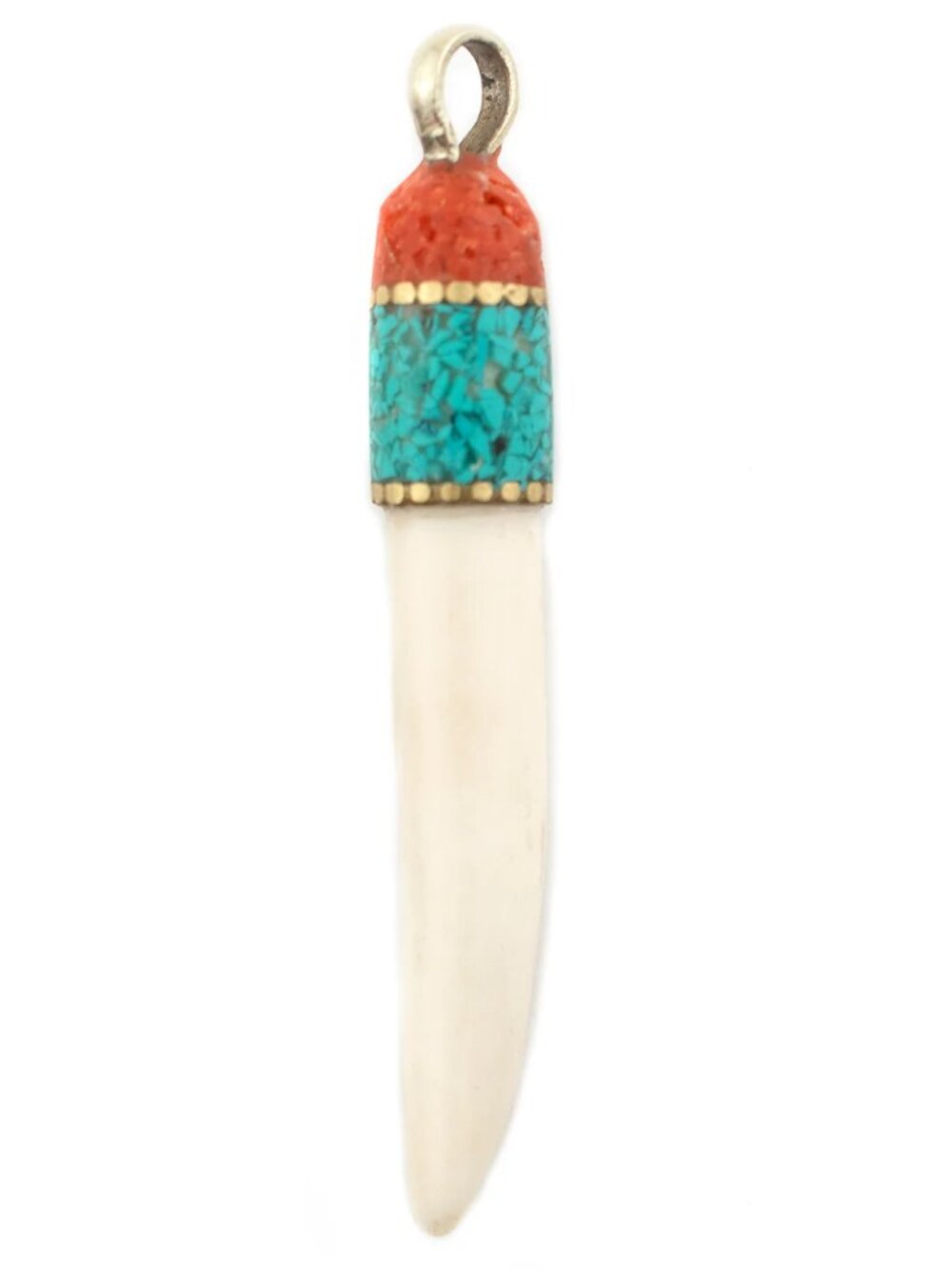 Turquoise & Coral Inlaid Bone Tooth Pendant